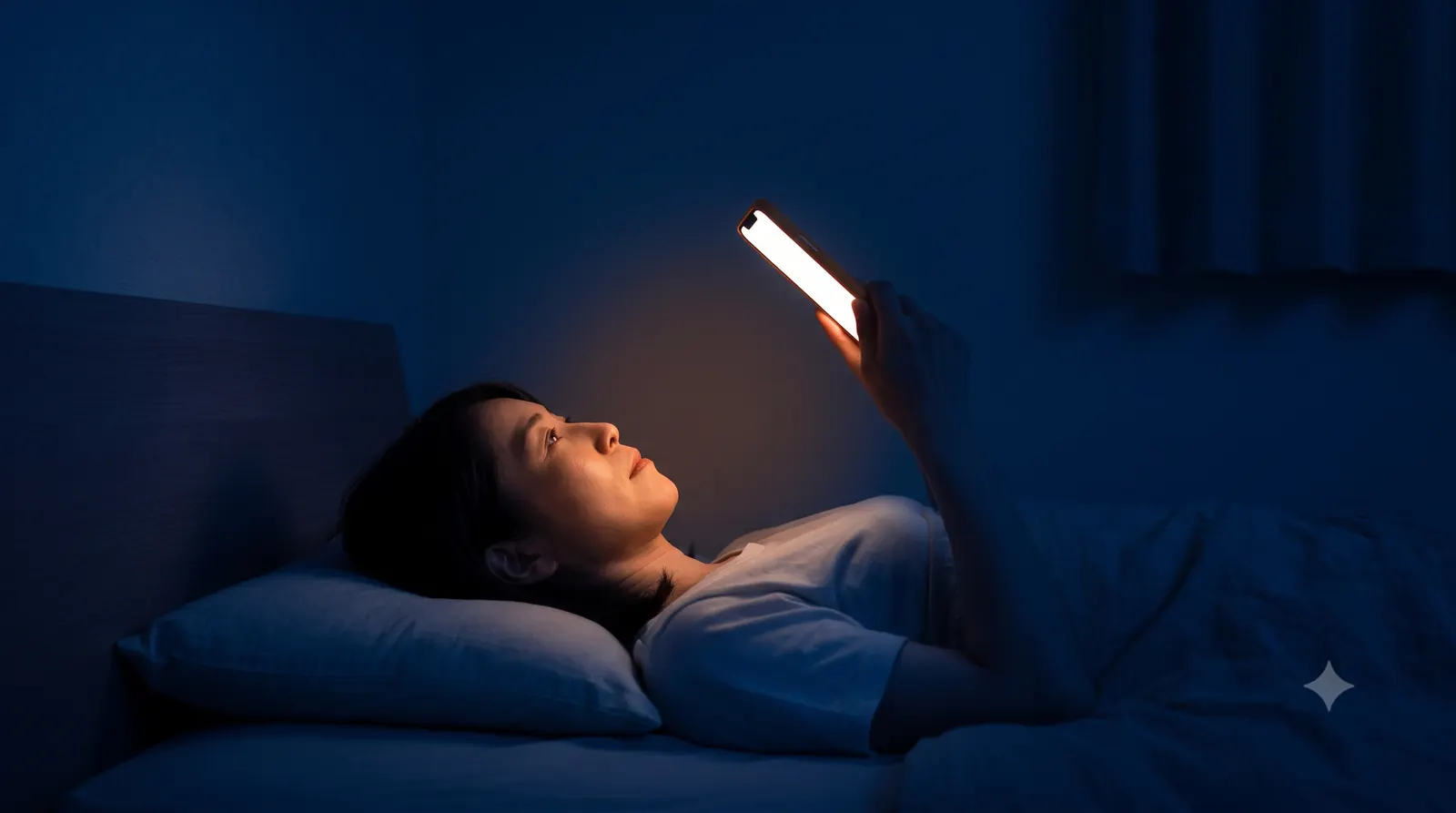 夜、寝室でスマートフォンを見る従業員