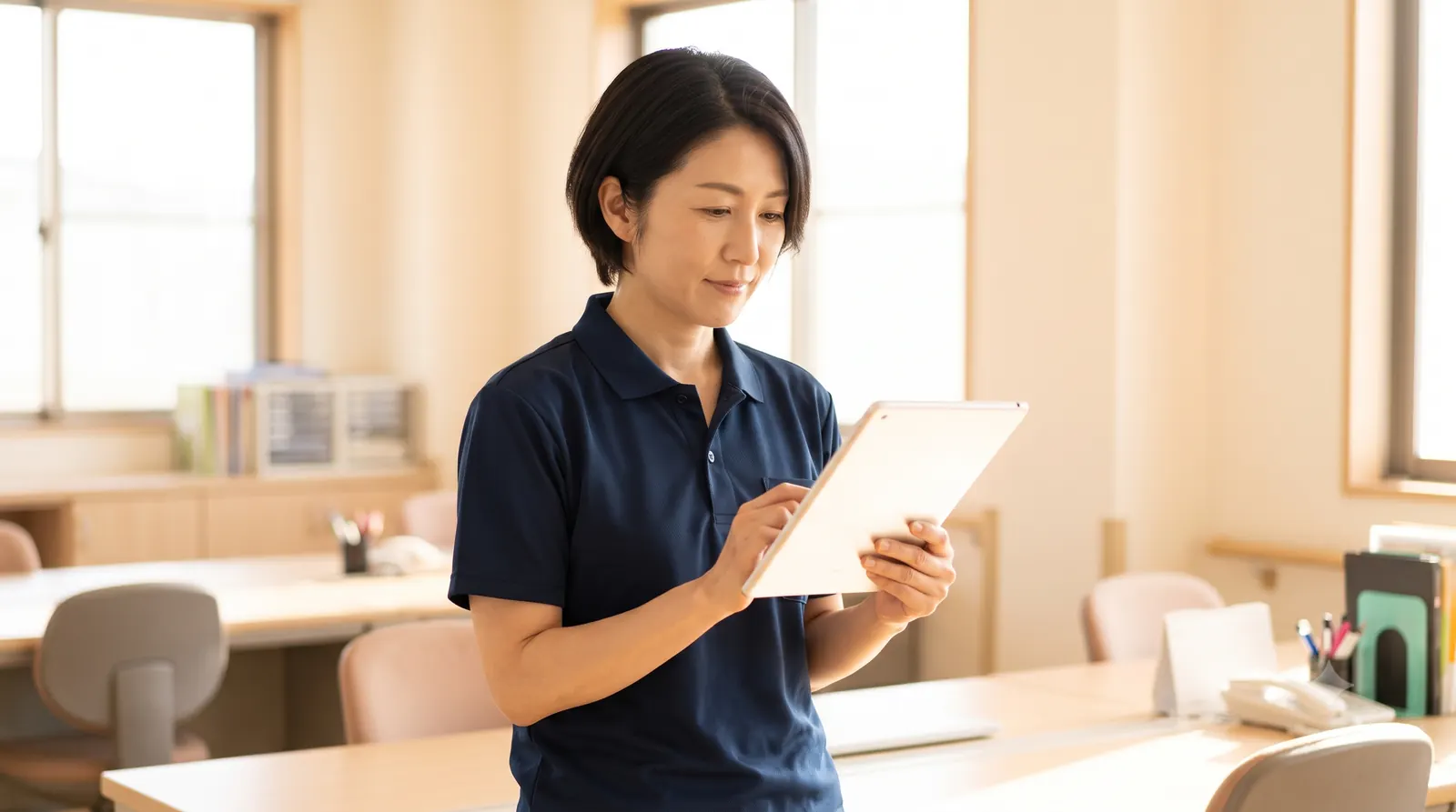 朝、タブレットで共有内容を確認する主任